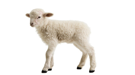 Fluffy white baby lamb standing sideways looking at camera © Lubos
