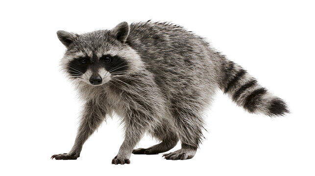 Full body portrait of a fluffy North American raccoon standing on all fours