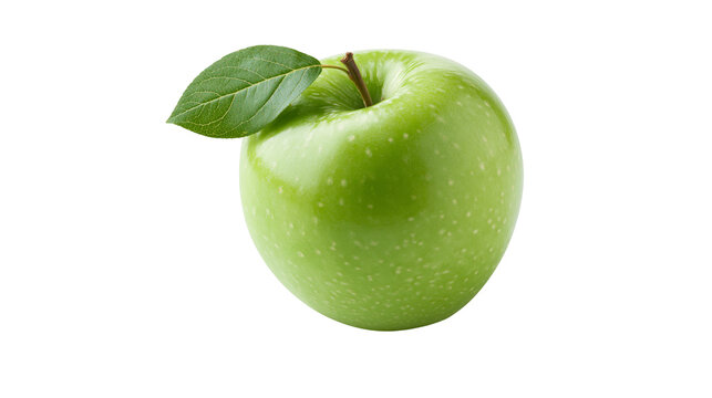 Fresh whole Granny Smith green apple with a single green leaf and brown stem