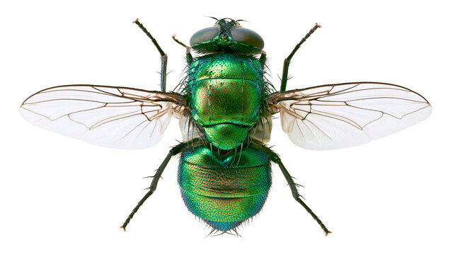 Metallic green bottle fly with iridescent exoskeleton and translucent wings