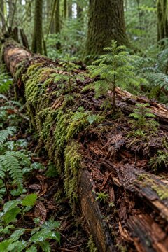 Young trees growing on a decaying moss covered forest log