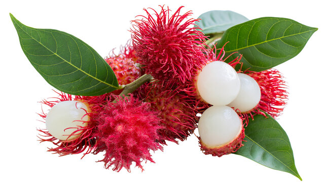 Fresh ripe rambutan fruits with hairy red skin and juicy white flesh on a branch