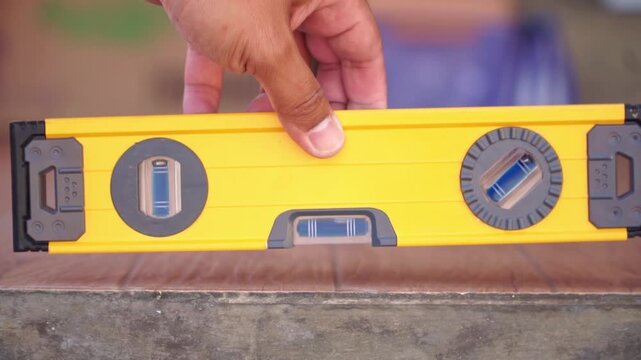 hand checking floor level with spirit level tool, construction measurement, building and precision work concept.