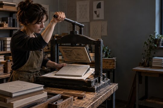 Bookbinder pressing a decorative cover in a manual press