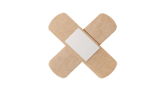 Two beige fabric adhesive bandages crossed in an X shape