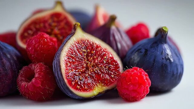 Fresh purple figs and red raspberries on white background.
