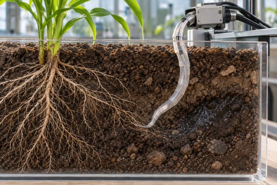 Transparent soil display showing roots and a robotic probe