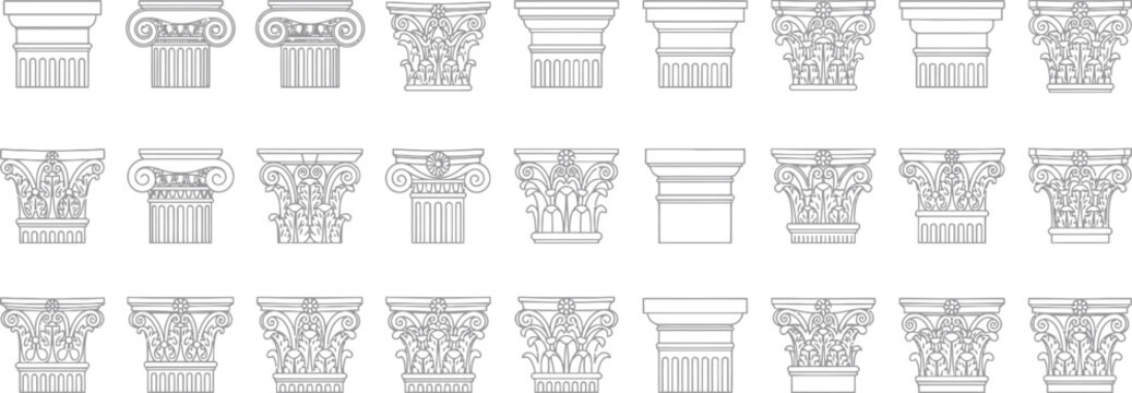 pillar Set of classical architectural column capitals vector illustration with Doric, Ionic, and Corinthian styles in outline style for ancient design elements