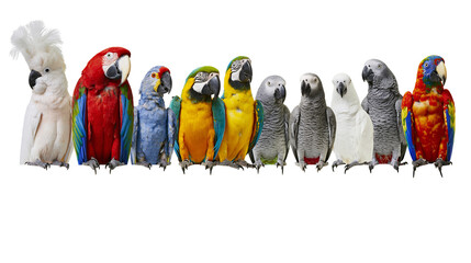 Row of diverse colorful parrots including macaws and African grey parrots © Lubos