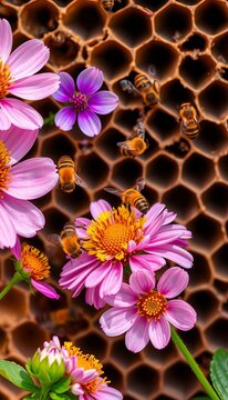 Busy bees flit between honeycomb cells, collecting nectar from nearby blooming flowers, golden, warm