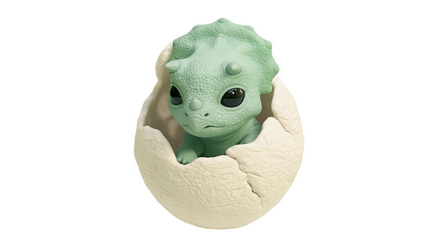 Cute baby triceratops dinosaur hatching from a cracked white egg shell