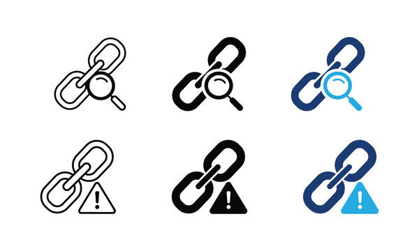 Backlink analysis and toxic link icon set, magnifying glass chain link search warning symbol. vector illustration