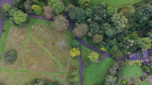 Aerial Top-Down Video of Alexandra Park Winding Paths Woodland and Lawns in Oldham