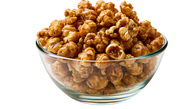 Caramel coated popcorn kernels in a clear glass bowl