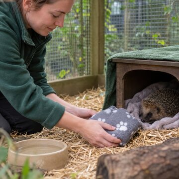 Carer placing a soft warming pad beside a sheltered hedgehog