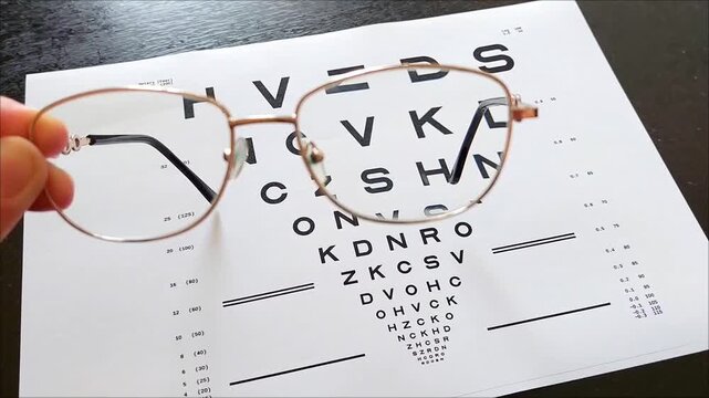 Eye test chart. Hand holding eyeglasses over blurry eye chart simulating astigmatism vision correction. Ophthalmology, optometry and eyesight care video concept.