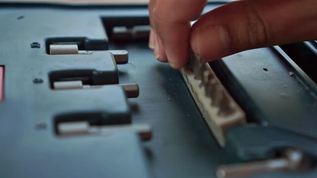hand grabbing screwdriver bit set from case, hardware tool storage, workshop equipment footage scene.