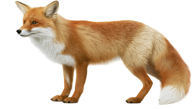 Red fox standing with orange fur and white chest and tail tip