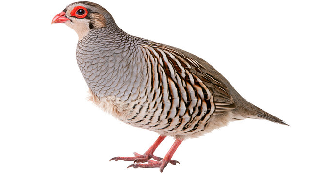 Chukar partridge bird with grey plumage and red eye ring standing in profile