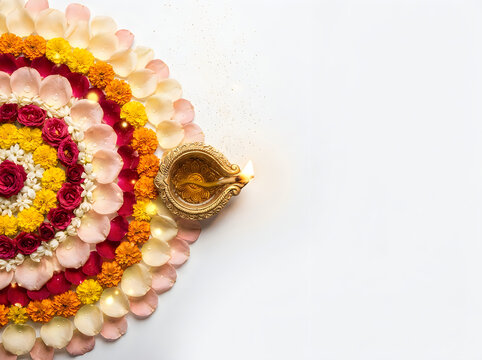 Traditional diya lamp on colorful rangoli design