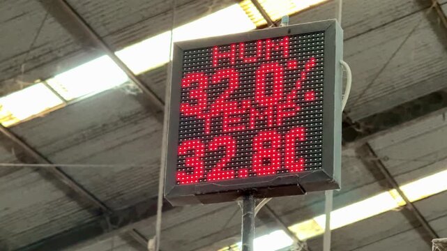 Digital thermometer display with humidity percentage close up, red LED indicator screen, monitoring technology concept.