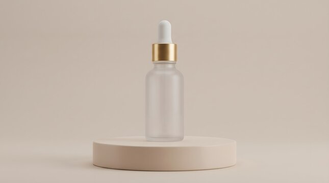 Glass cosmetic dropper bottle mockup on wooden display pedestal