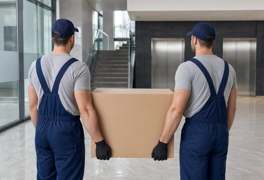 Two professional delivery men in uniforms carrying a large cardboard box in a modern office building lobby