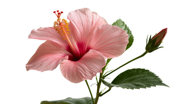 Soft pink hibiscus flower with yellow stamen and green leaves and bud