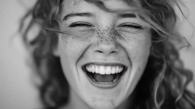 Black and white portrait of freckled woman laughing loudly.