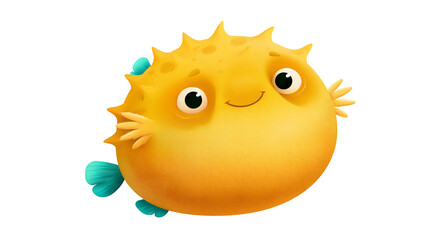 Cute round yellow pufferfish with blue fins and spikes © Lubos