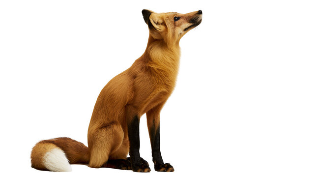 Alert red fox sitting and looking up with orange fur and black legs