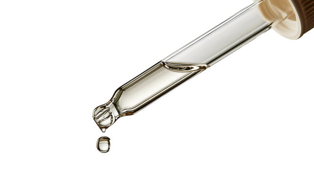 Glass dropper pipette with a single liquid drop falling from the tip