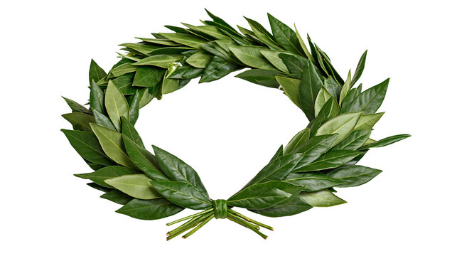Fresh green laurel wreath made of bay leaves tied with a stem knot