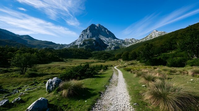 A winding gravel path leads through lush green meadows toward towering rocky mountains under a bright blue sky with wispy clouds