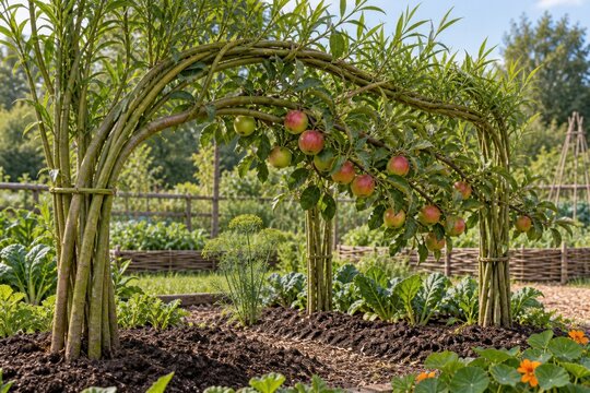 Fruit tree branches trained into a leafy garden arch