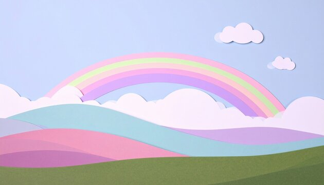 Colorful Paper Art Landscape with Rainbow and Clouds in a Serene Sky Over Rolling Hills