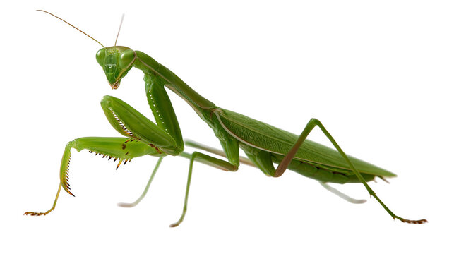 Bright green praying mantis insect with long antennae and spiky raptorial legs