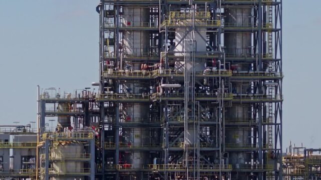 Industrial oil refinery and petrochemical plant complex with spherical storage tanks. Lukoil refinery in Eastern Europe, Burgas, Bulgaria