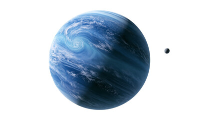Blue Earth-like planet with swirling clouds and a small orbiting moon © Andrei