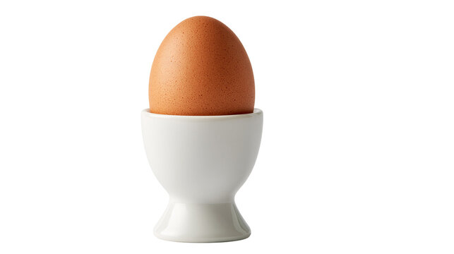 Brown chicken egg sitting in a white ceramic egg cup