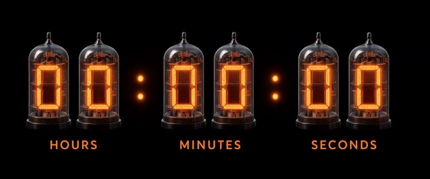 Digital countdown clock with glowing orange nixie tubes on black background for deadline and timer concepts