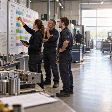 Factory team reviewing a production schedule on a wall board