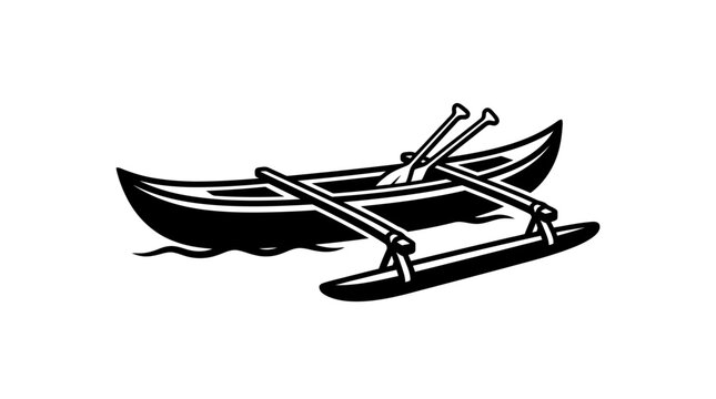 Simple outrigger canoe black and white nautical graphic.