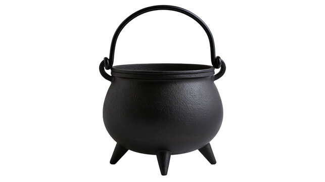 Black cast iron cauldron with three legs and a metal handle