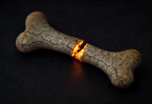 A conceptual broken bone with glowing internal core representing fracture healing injury and osteology on a dark background