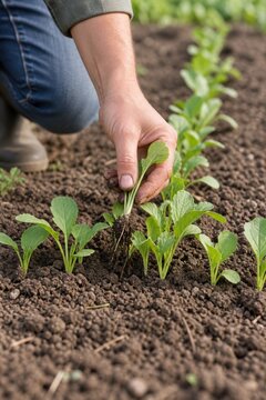 Hand thinning young vegetable seedlings in a garden bed