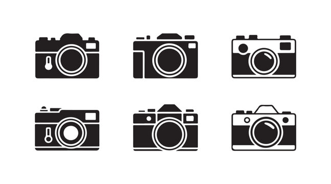 Vintage photo camera vector icons in monochrome style showcasing classic analog design elements for photography blogs.