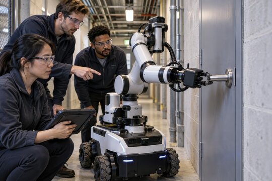 Engineers testing a mobile robot arm on a door handle