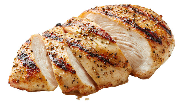 Grilled sliced chicken breast fillet with black pepper and herbs