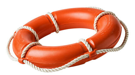 Bright orange circular life buoy with white woven rope grab lines © Andrei